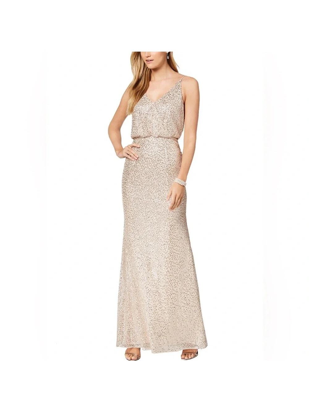 [Adrianna Papell] Gold Sequined Blouson Formal Gown Maxi Dress Wedding Guest 16